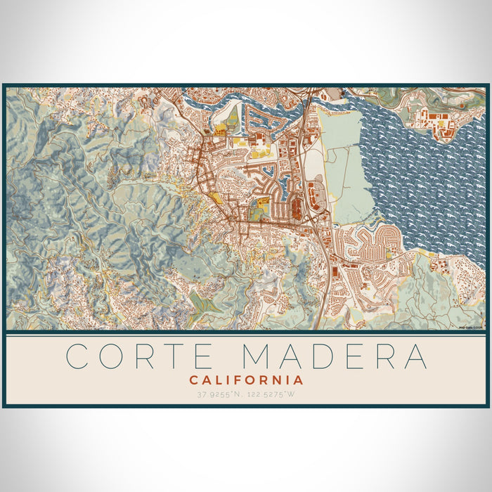 Corte Madera California Map Print Landscape Orientation in Woodblock Style With Shaded Background