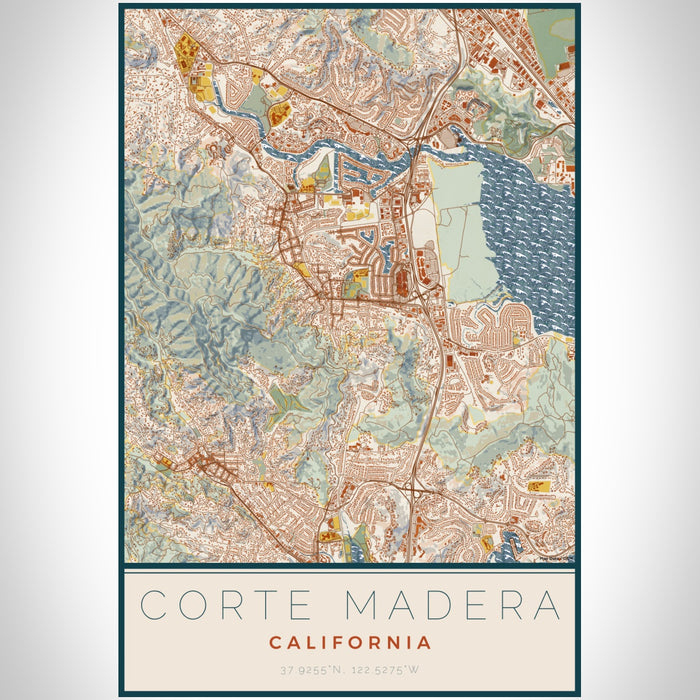 Corte Madera California Map Print Portrait Orientation in Woodblock Style With Shaded Background