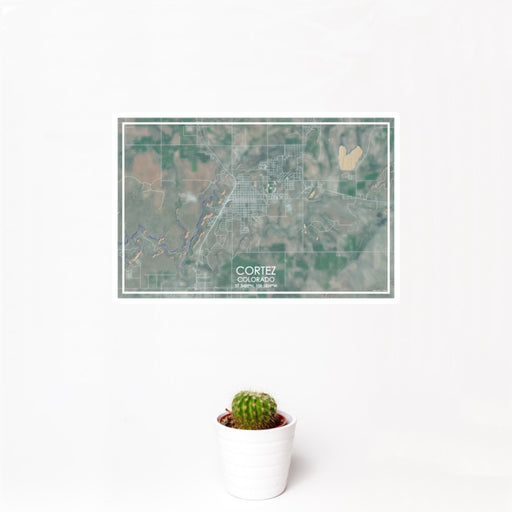 12x18 Cortez Colorado Map Print Landscape Orientation in Afternoon Style With Small Cactus Plant in White Planter