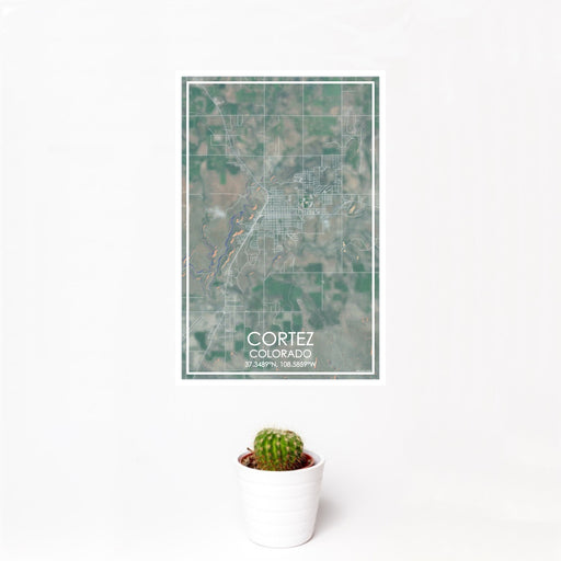 12x18 Cortez Colorado Map Print Portrait Orientation in Afternoon Style With Small Cactus Plant in White Planter