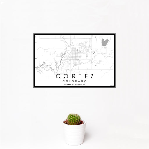 12x18 Cortez Colorado Map Print Landscape Orientation in Classic Style With Small Cactus Plant in White Planter