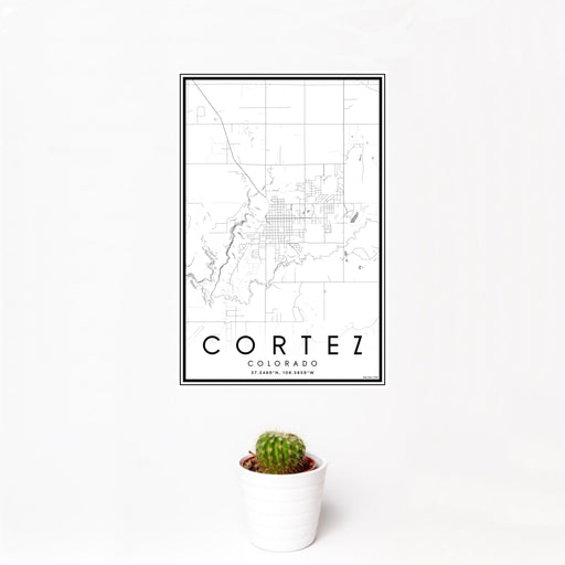 12x18 Cortez Colorado Map Print Portrait Orientation in Classic Style With Small Cactus Plant in White Planter