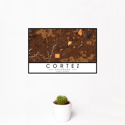 12x18 Cortez Colorado Map Print Landscape Orientation in Ember Style With Small Cactus Plant in White Planter