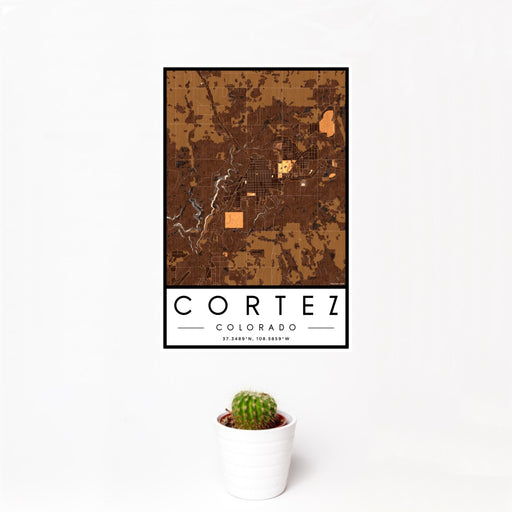 12x18 Cortez Colorado Map Print Portrait Orientation in Ember Style With Small Cactus Plant in White Planter