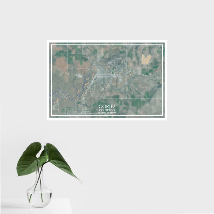 16x24 Cortez Colorado Map Print Landscape Orientation in Afternoon Style With Tropical Plant Leaves in Water