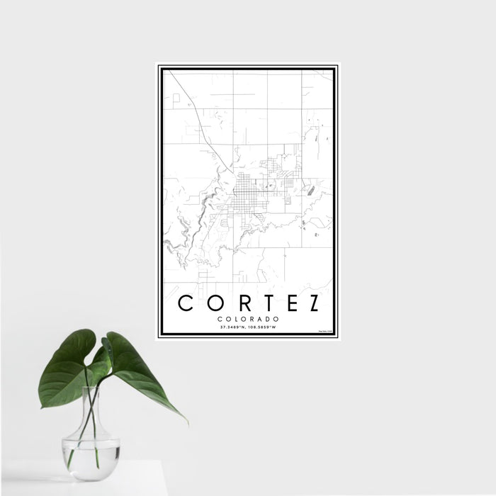 16x24 Cortez Colorado Map Print Portrait Orientation in Classic Style With Tropical Plant Leaves in Water