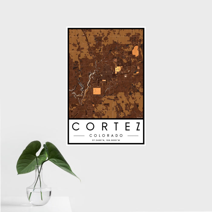 16x24 Cortez Colorado Map Print Portrait Orientation in Ember Style With Tropical Plant Leaves in Water
