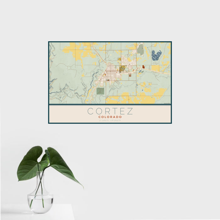 16x24 Cortez Colorado Map Print Landscape Orientation in Woodblock Style With Tropical Plant Leaves in Water