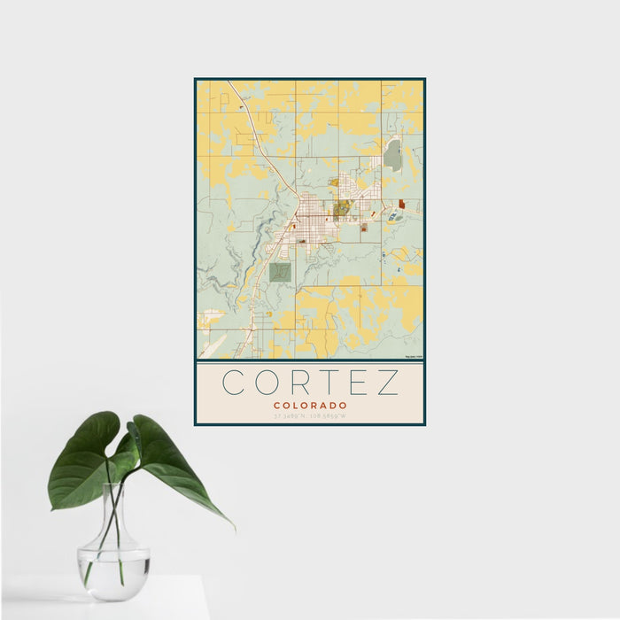 16x24 Cortez Colorado Map Print Portrait Orientation in Woodblock Style With Tropical Plant Leaves in Water