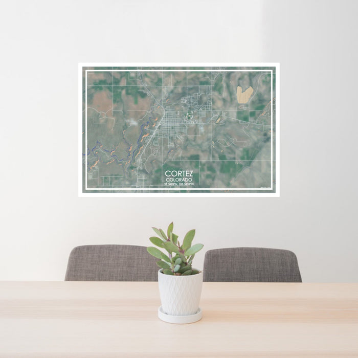 24x36 Cortez Colorado Map Print Lanscape Orientation in Afternoon Style Behind 2 Chairs Table and Potted Plant