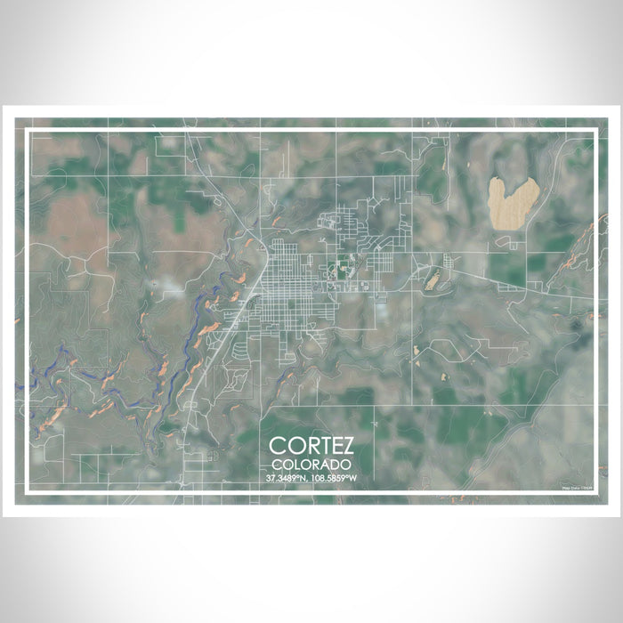 Cortez Colorado Map Print Landscape Orientation in Afternoon Style With Shaded Background