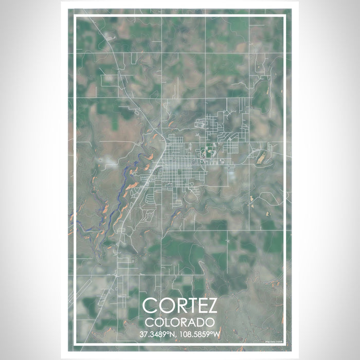 Cortez Colorado Map Print Portrait Orientation in Afternoon Style With Shaded Background