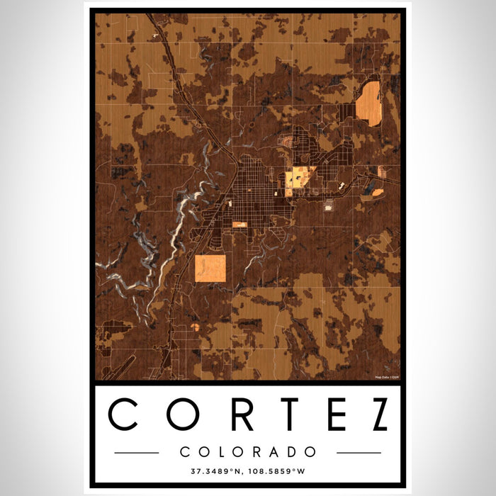 Cortez Colorado Map Print Portrait Orientation in Ember Style With Shaded Background