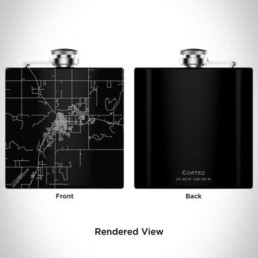 Rendered View of Cortez Colorado Map Engraving on 6oz Stainless Steel Flask in Black