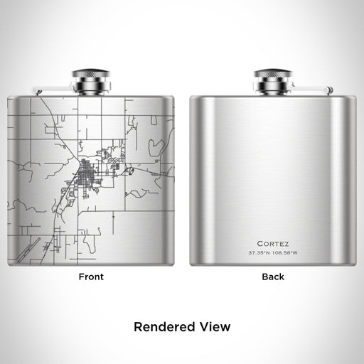Rendered View of Cortez Colorado Map Engraving on 6oz Stainless Steel Flask