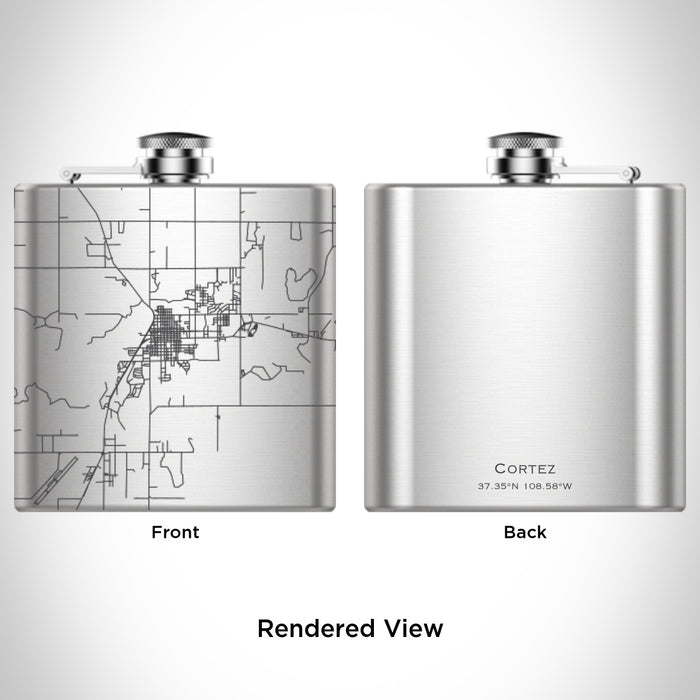 Rendered View of Cortez Colorado Map Engraving on 6oz Stainless Steel Flask
