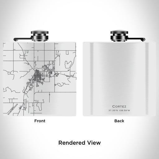 Rendered View of Cortez Colorado Map Engraving on 6oz Stainless Steel Flask in White