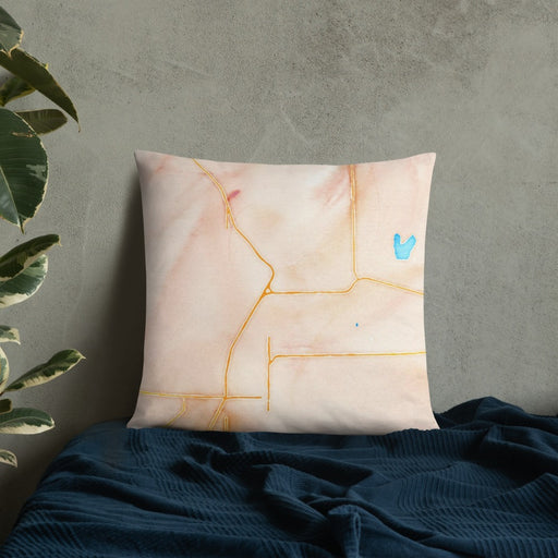 Custom Cortez Colorado Map Throw Pillow in Watercolor on Bedding Against Wall