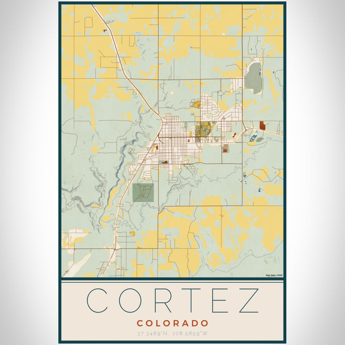 Cortez Colorado Map Print Portrait Orientation in Woodblock Style With Shaded Background