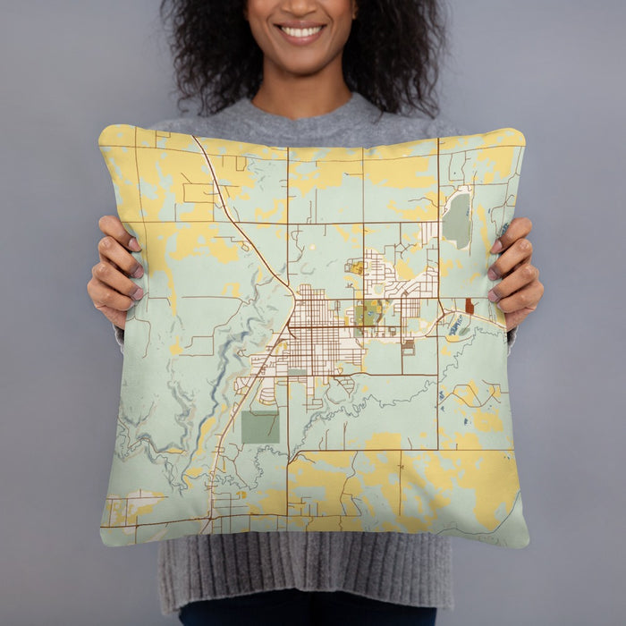 Person holding 18x18 Custom Cortez Colorado Map Throw Pillow in Woodblock