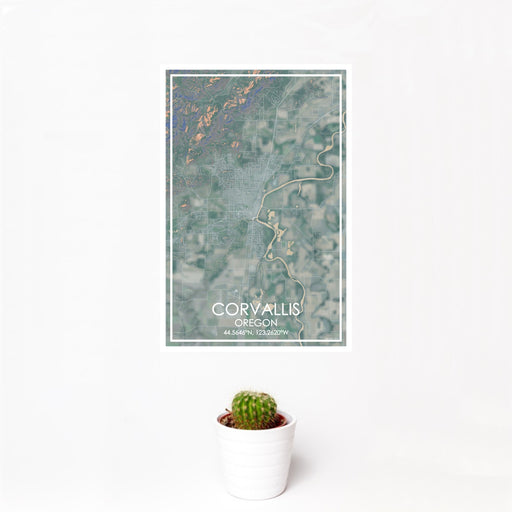 12x18 Corvallis Oregon Map Print Portrait Orientation in Afternoon Style With Small Cactus Plant in White Planter