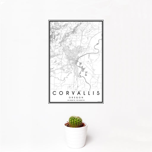 12x18 Corvallis Oregon Map Print Portrait Orientation in Classic Style With Small Cactus Plant in White Planter