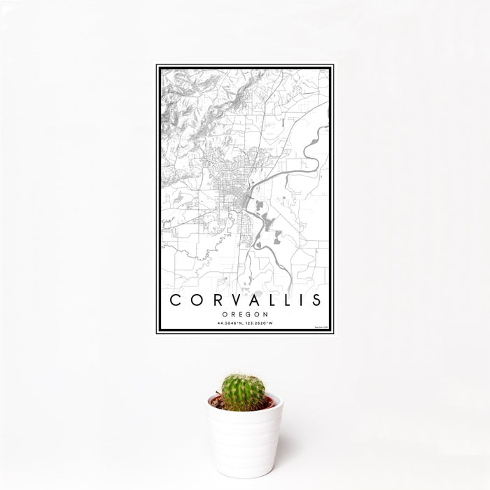 12x18 Corvallis Oregon Map Print Portrait Orientation in Classic Style With Small Cactus Plant in White Planter