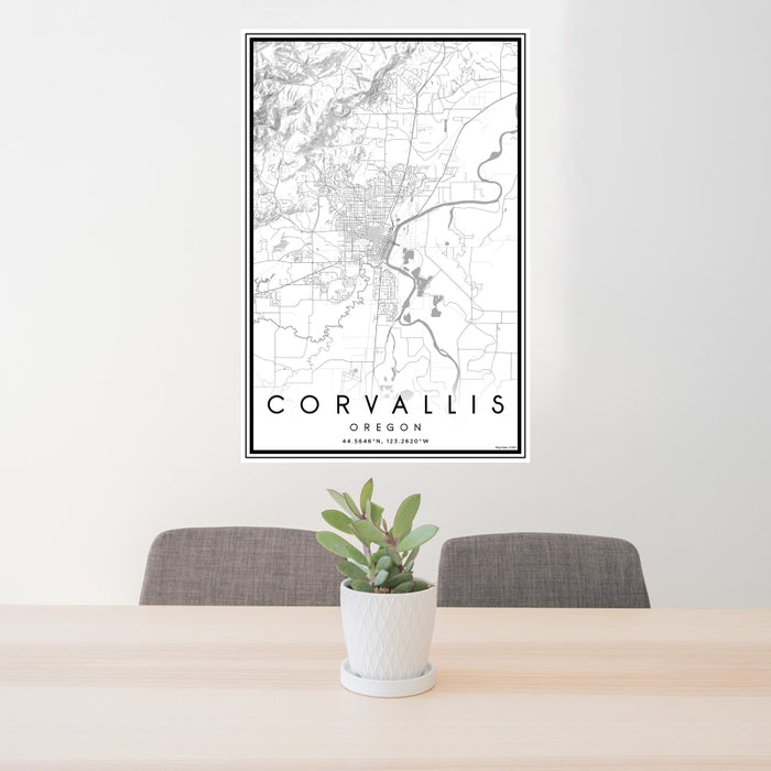 24x36 Corvallis Oregon Map Print Portrait Orientation in Classic Style Behind 2 Chairs Table and Potted Plant