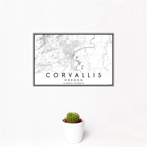 12x18 Corvallis Oregon Map Print Landscape Orientation in Classic Style With Small Cactus Plant in White Planter