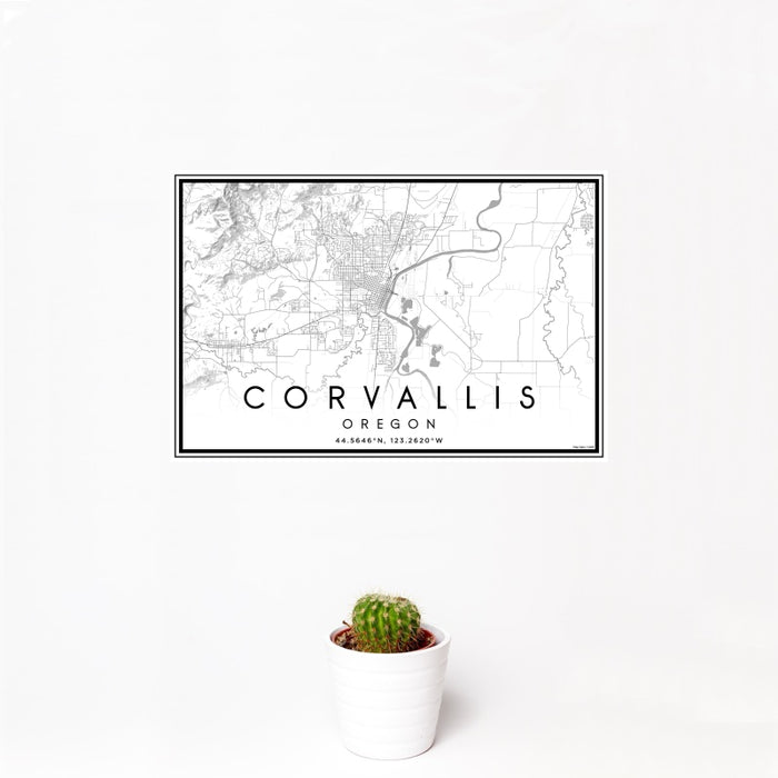 12x18 Corvallis Oregon Map Print Landscape Orientation in Classic Style With Small Cactus Plant in White Planter