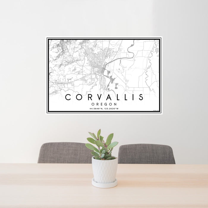 24x36 Corvallis Oregon Map Print Landscape Orientation in Classic Style Behind 2 Chairs Table and Potted Plant