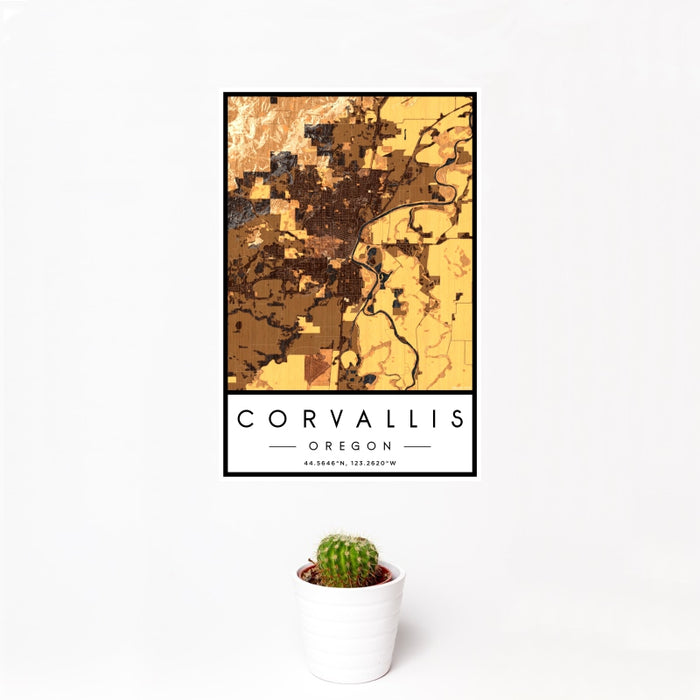 12x18 Corvallis Oregon Map Print Portrait Orientation in Ember Style With Small Cactus Plant in White Planter