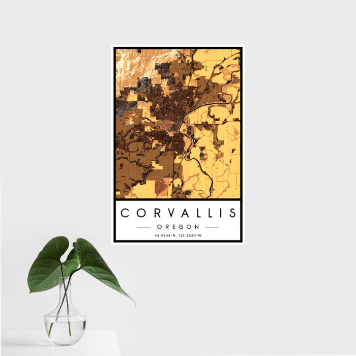 16x24 Corvallis Oregon Map Print Portrait Orientation in Ember Style With Tropical Plant Leaves in Water