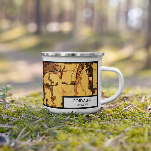 Right View Custom Corvallis Oregon Map Enamel Mug in Ember on Grass With Trees in Background