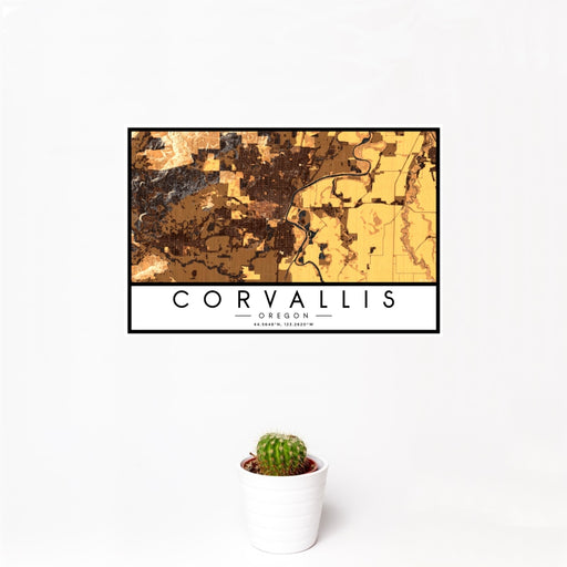 12x18 Corvallis Oregon Map Print Landscape Orientation in Ember Style With Small Cactus Plant in White Planter