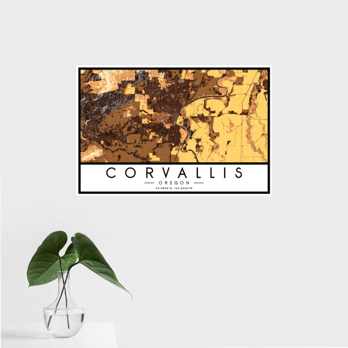 16x24 Corvallis Oregon Map Print Landscape Orientation in Ember Style With Tropical Plant Leaves in Water