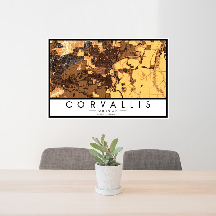 24x36 Corvallis Oregon Map Print Landscape Orientation in Ember Style Behind 2 Chairs Table and Potted Plant