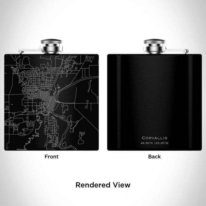 Rendered View of Corvallis Oregon Map Engraving on 6oz Stainless Steel Flask in Black