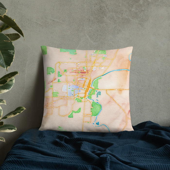 Custom Corvallis Oregon Map Throw Pillow in Watercolor on Bedding Against Wall