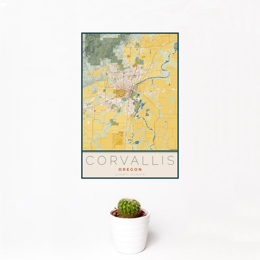 12x18 Corvallis Oregon Map Print Portrait Orientation in Woodblock Style With Small Cactus Plant in White Planter