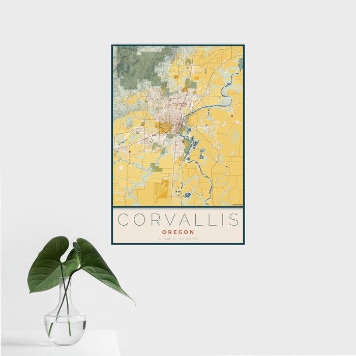 16x24 Corvallis Oregon Map Print Portrait Orientation in Woodblock Style With Tropical Plant Leaves in Water