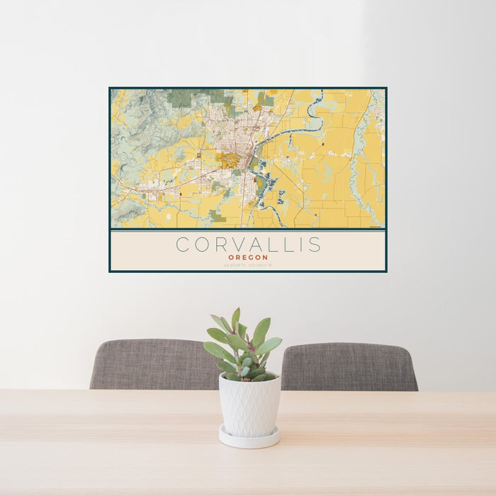 24x36 Corvallis Oregon Map Print Landscape Orientation in Woodblock Style Behind 2 Chairs Table and Potted Plant