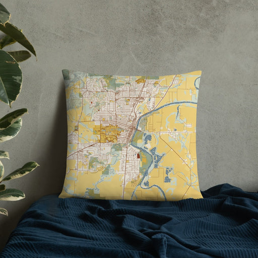 Custom Corvallis Oregon Map Throw Pillow in Woodblock on Bedding Against Wall