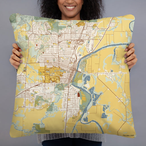Person holding 22x22 Custom Corvallis Oregon Map Throw Pillow in Woodblock