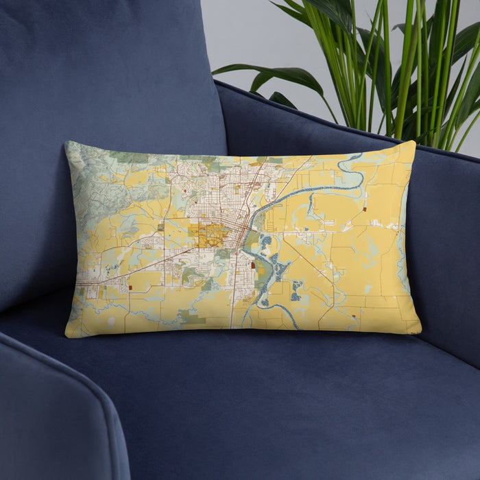 Custom Corvallis Oregon Map Throw Pillow in Woodblock on Blue Colored Chair