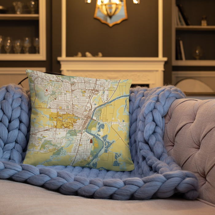 Custom Corvallis Oregon Map Throw Pillow in Woodblock on Cream Colored Couch