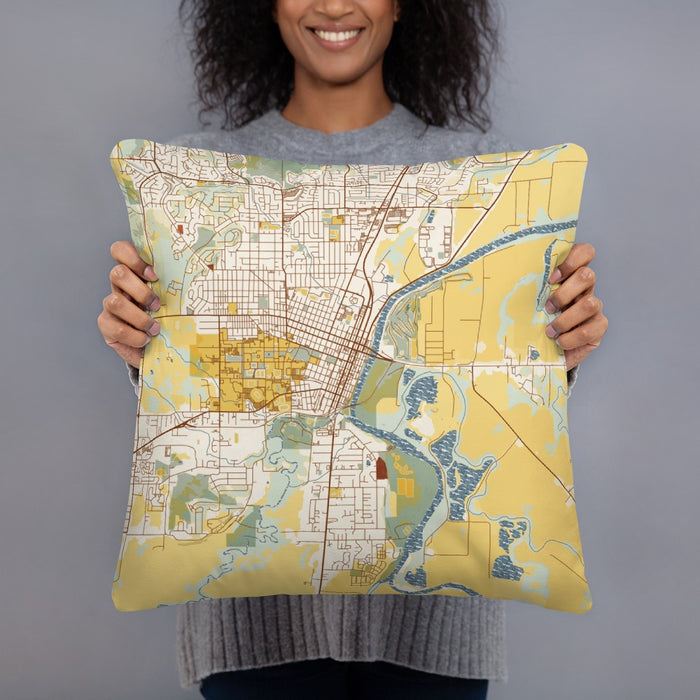 Person holding 18x18 Custom Corvallis Oregon Map Throw Pillow in Woodblock