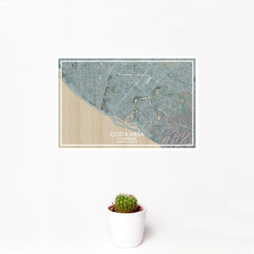 12x18 Costa Mesa California Map Print Landscape Orientation in Afternoon Style With Small Cactus Plant in White Planter