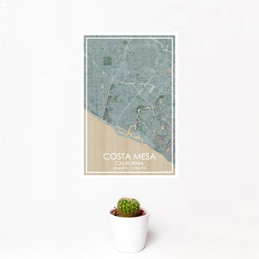 12x18 Costa Mesa California Map Print Portrait Orientation in Afternoon Style With Small Cactus Plant in White Planter