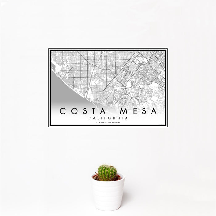 12x18 Costa Mesa California Map Print Landscape Orientation in Classic Style With Small Cactus Plant in White Planter
